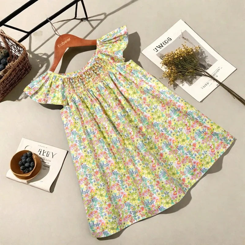 Floral Summer Dres, Smocking Design with Flying Sleeves